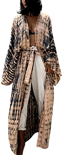 Women's Beach Cover Ups Open Front Tie Dye Maxi Cardigan Kimono Swimsuit with Belts