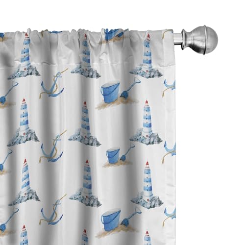 Ambesonne Lighthouse Curtains, Hand Drawn Watercolor Sea Elements Beach Holiday Pattern Vintage Illustration, Window Treatments 2 Panel Set for Living Room Bedroom, Pair of - 28' x 63', Navy White