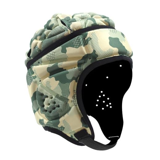 Rugby Helmet Flag Football Padded Headgear Adjustable Soft Shell Headguard Head Protection Soccer Scrum Cap for Kids Youth (Camouflage Green)