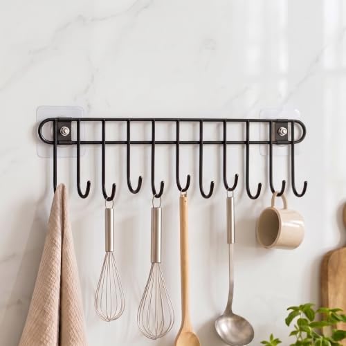 Image of Plantex Hook Rail /GI Steel Hooks for Wall Without Drilling /Self Adhesive Hook Rail for Clothes /Towel - Pack of 1 (11 Hooks, Black)