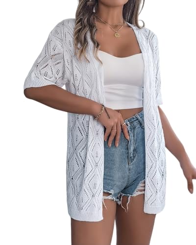 Image of Sulozom Crochet Summer Cardigans for Women Lightweight Short Sleeve Open Front Kimono Boho Beach Vacation Clothes