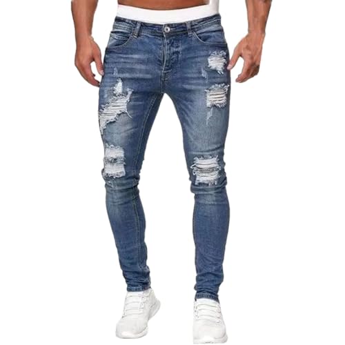 Men Vintage Wash Denim Trouser Casual Slim Fit Pencil Denim Pants Ripped Skinny Jeans
