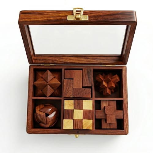 Image of 6-in-1 Wooden 3D Puzzle Game Set for Adults & Teens Brain Teaser IQ Puzzle Collection Educational Learning Toy Logic Strategy & Family Board Games Gift