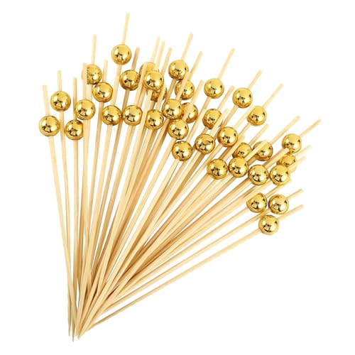 MAEXUS Pinchos de cóctel de 12 cm, 100 palillos de madera reutilizables de bambú, brochetas de frutas para pinchos decorativos de cóctel, dorado