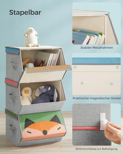 SONGMICS Aufbewahrungsboxen, 3er Set, Faltboxen, Stoffboxen mit Griffen, Organizer, magnetischer Deckel, für Kinderzimmer, Spielzimmer, Tier-Motive, rosa, blau, grün und grau RFB760P03