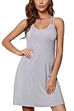 EVELIFE Damen Träger Nachthemd Einfarbig Elegant Nachtwäsche Ärmellos V Ausschnitt Nachtkleid knielange Negligee(Grau L)