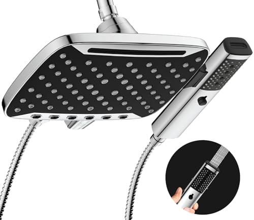 High Pressure Rain Shower Head, 7 Spray Modes Rain Shower Heads with Handheld Spray Combo, Dual Showerhead with 10 Inch Rainfall Spray, Detachable Hand Held Shower, Stainless Steel Hose, Power Wash