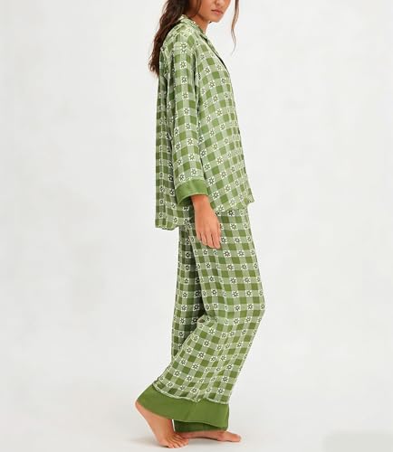 Image of Women Satin Pajama Set Floral Silk Pajamas 2 Piece Lounge Sets Button Down Shirts Wide Leg Pants Pjs Sleepwear