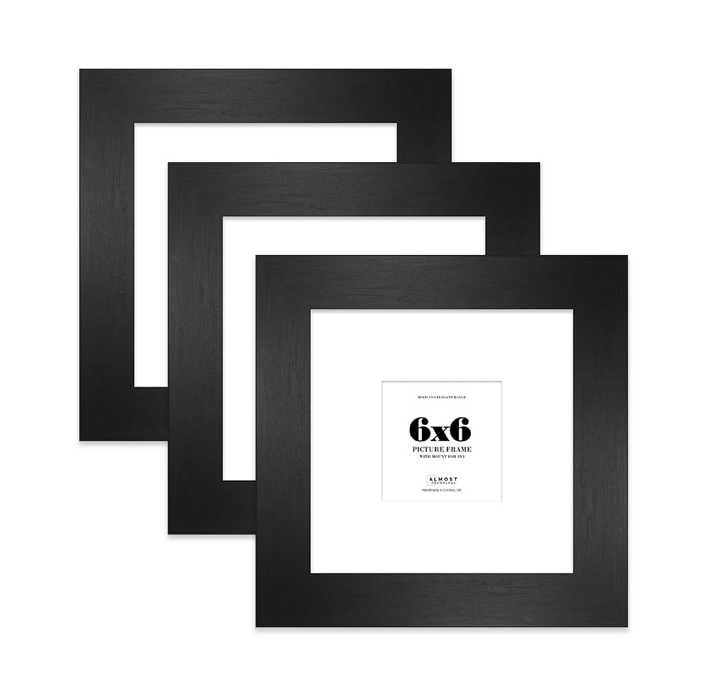 6x6" Black Square Frame With Mount for 3x3" Pictures 28mm Edge Frame Display with Wall Hooks and Kickstand, 3 Pack