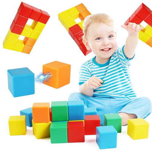HOTUT Cubes Magnétiques, 32 Pièces Blocs magnétiques colorés avec Sac de Rangement, 36mm Blocs Construction magnétiques, 3D Cube magnétique Cadeaux pour garçons et Filles