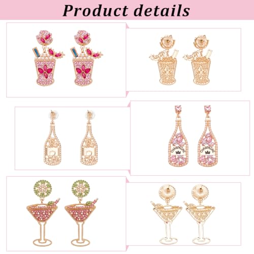 NATTASOUL 3 Pairs Champagne & Martini Glass Earrings Dangling Novelty Colorful Handmade Wine Glass Alcohol Goblet Beach Holiday Earrings Gifts Drink Studs Dangling Set Pack for Women Party Birthday Gift3