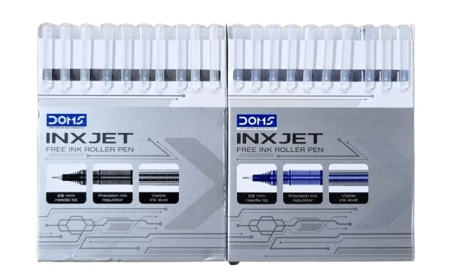 Image of Doms Inxjet Roller Pen-Blue Ink-Pack of 10| 0.5mm Needle Tip, Precision Ink Regulator, Visible Level| Comfortable Grip For Long & Smooth Writing| Sterdy Pocket Clip