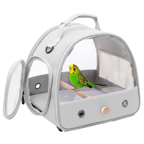 Image of Bird Carrier, Portable Small Bird Parrot Parakeet Carrier with Standing Perch and Stainless Steel Tray, Side Access Window Collapsible (Grey, Clear Windows)