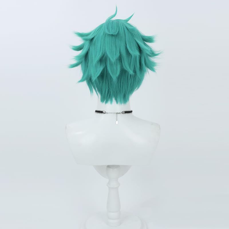 Aphelios Cosplay Wig Short Men Anime Wig Cyan Green Straight Wig with Bangs Heat Resistant Synthetic Hair for Party