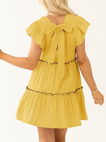 Image of Women's Summer Babydoll Mini Dress V Neck Tie Back Ruffle Sleeve Casual Tiered Loose Flowy Swing Tunic Shift Dress