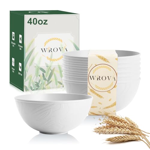 Wrova White Wheat Straw Bowls for Cereal and Salad,Alternative Plastic Bowls Set of 6,40oz Unbreakable Soup Bowls suitable for Kitchen,Party,Camping and R.V.