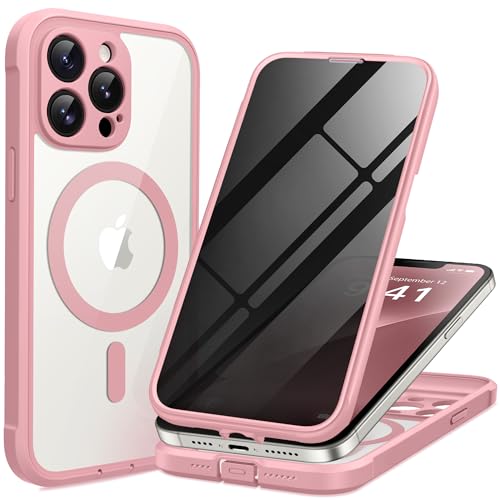 BERFY for iPhone 13 Pro Max Case Compatible with MagSafe Built-in Privacy Screen Protector Camera Protection Shockproof Full Body Phone Case 6.7 Clear Pink
