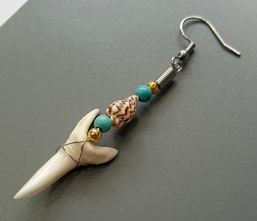 Swimmi Genuine Mako Shark Tooth Earrings, Handmade Cone Shells, Turquoise Beads Dangle Shark Tooth Earrings for Women Jewelry DA100-A4