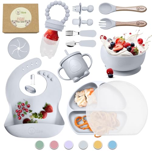 Image of O'doe 17-Piece BPA-Free Silicone Baby Feeding Set | Thick & Soft Suction Plates, Baby Bowls, Wooden Fork & Spoon, and More | Make Mealtime Fun and Easy for Your Little One (Grey, V2)
