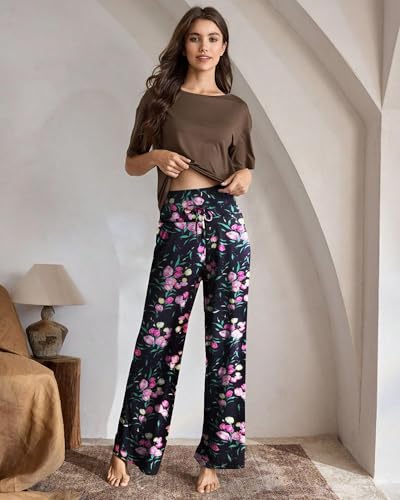 Image of ZOOSIXX Soft Black Pajama Pants for Women, Wide Leg Pants Woman Flowy Comfy Casual Lounge Yoga Capri Pants 22 inch / 30 inch