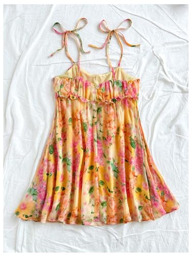SOLY HUX Women's Boho Floral Print Mini Dress Tie Shoulder Spaghetti Strap Ruffle Hem Flowy Cami Dresses Sundress2