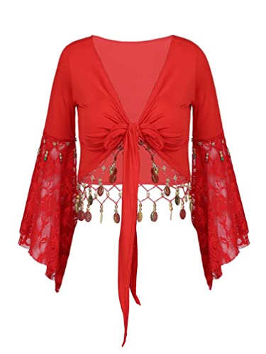 TiaoBug Damen Bauchtanz Kostüm Oberteil Langarm Spitzen Trompetenärmel Jäckchen Binden Top Knoten Shirts Bluse mit Münze Quasten Rot L