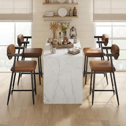 Image of GarveeHome Counter Height Bar Stools Set of 8 with Armrests, 26 inch Upholstered 8pcs Tall Bar Stools Set, Long Backrest & Extra Thick Cushion, Modern High Barstools for Kitchen Island, Pub, Coffee Brown