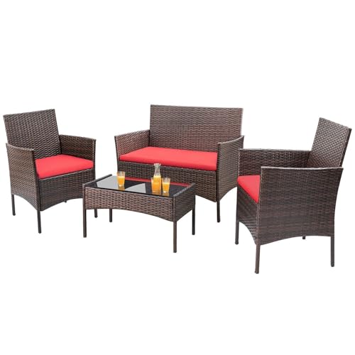 Image of Homall 4 Pieces Patio Rattan Chair Wicker, Outdoor Indoor Use Backyard Porch Garden Poolside Balcony Furniture Sets (Red)