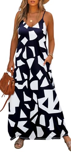 Image of Bluetime Women Summer Spaghetti Strap Maxi Dress V-Neck Sleeveless Flowy Boho Floral Beach Long Dress with Pockets