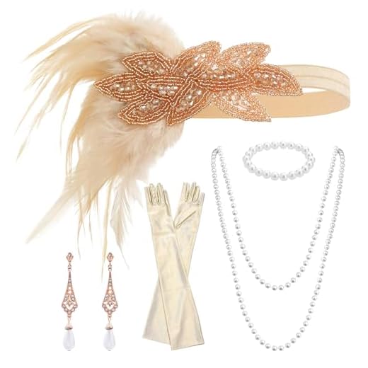 CHROMACRAFT 1 Tocado De Plumas, 1 Pulsera, 1 Collar, 1 Par De Aretes Y 1 Guante Largo, Accesorios De Cosplay, Accesorios Vintage, Accesorios De Fiesta