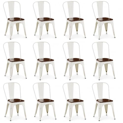 Image of Metal Dining Chairs with Backrest, Wood Seat, White, 12 Pack | Easy Assembly, Non-Slip Feet, 330 lb Capacity, Kitchen, Restaurant, Cafe, Pub, Covered Patio