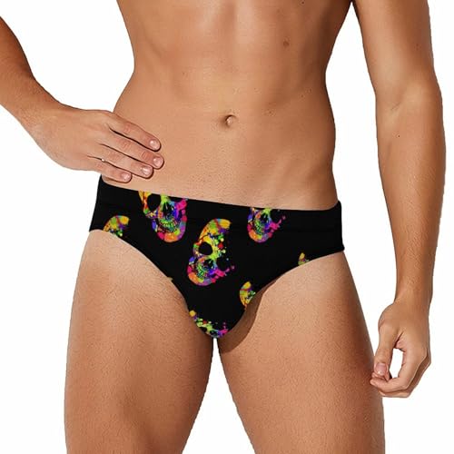 Watercolor Skull Mens Swim Briefs Bikini Sexy Low Rise Trunks Swimsuit Bathing Suit Beach