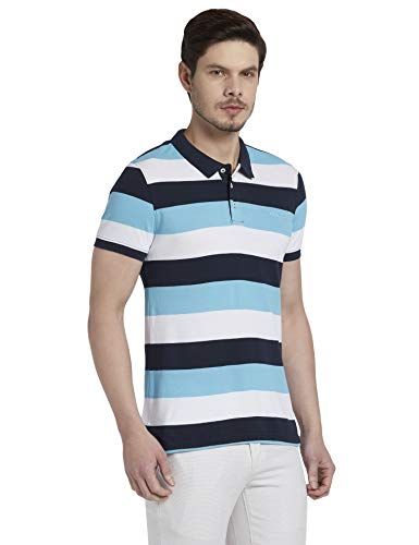 Image of Colorplus Striped Medium Blue Coloured Casual Cotton T-Shirt (Size:- XXL)