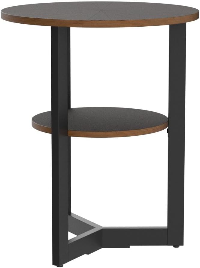 LEEMTORIG Round Side Table, 2-Tier End Table Nightstand with Metal Legs, Modern Bedside Accent Couch Table for Living Room, Bedroom, Office, Rustic Brown/Black, 19.3 x 19.3 x 24 inches BZ-1338-NC