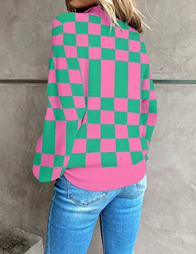 Zesica Women's 2023 Casual Turtleneck Long Lantern Sleeve Oversized Ribbed Knit Pullover Sweater Jumper Top,Greenplaid,Small #TOP3