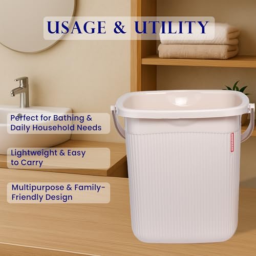 Image of Modware Square Ribbon Plastic Bucket Set with Mug | 25L Brown Bathroom Bucket with Handle + 1.5L Mug | Heavy-Duty Polypropylene + Co-Polymer | Stylish & Durable Bath Set (Cream 25 L)