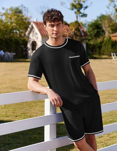 Image of Ekouaer Men's Pajamas Set Casual Short Sleeve Shirts and Shorts Soft 2 Piece Loungewear With Pockets