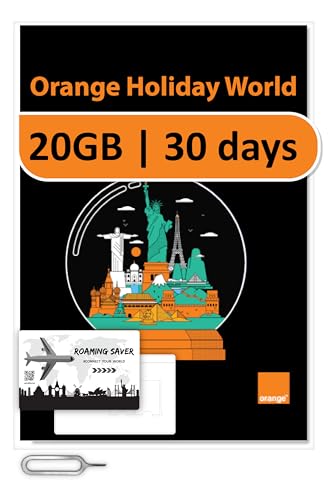 Orange Holiday Worldwide Prepaid SIM Card 20GB Internet Data for 30 Days in 4G/LTE | Data tethering Allowed | Calls & SMS | 1 Sim Card Holder + 1 Pin (International sim, Asia America Europe)