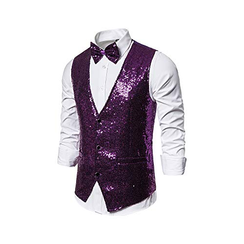 Men's Shiny Sequin Vest V-Neck Regular-Fit Party Dress Suit Waistcoat Bowtie 2 Pieces2