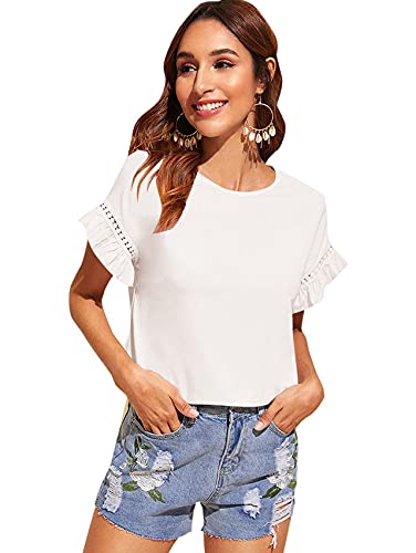Floerns Women s Casual Summer Ruffle Short Sleeve Tops Blouse T-Shirt A White S