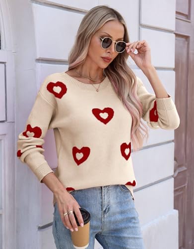 Image of Womens Cute Heart Sweater Crew Neck Long Sleeve Pullover Valentines Sweater