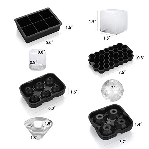 Ice Cube Molds Easy-Release Silicone and Flexible trays, 4 pack include Sphere Ice ball Maker,Large Square Ice Cube, Diamond Ice Make, and 37-ice Trays with Lid, BPA Free (4, Black)