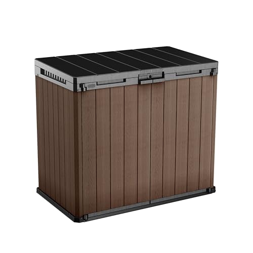 KETER Store-It-Out Darwin Mülltonnenbox, 1150L Gartenbox mit Holz-Look, Aufbewahrungsschrank für 2X 240L Mülltonnen, abschließbar, wetterbeständig, braun, 141x82x120 cm