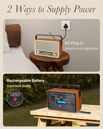 PRUNUS J-120 Radio Portable AM FM SW, Plug in Wall or Rechargeable Battery Powered for Home Outdoor ICE Storms Emergency Use, Retro Vintage Bluetooth Speaker with AUX TF USB Playing(Silver)