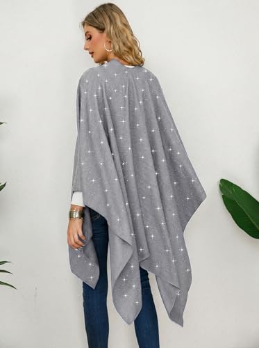 Image of Womens Rhinestones Open Front Poncho Shawl Wrap Cape Ruana Travel Blanket Cardigan