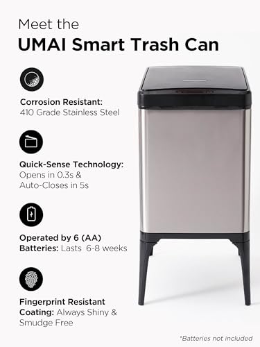 Image of UMAI Stainless Steel Dustbin with Lid 22L I Automatic Smart Sensor bin for Kitchen Bedroom Bathroom Office I Durable I High Legs I Dustbin with Stand Included