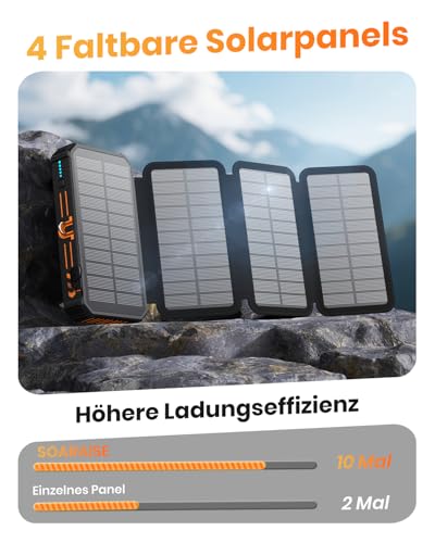 SOARAISE Wireless Solar Powerbank 27000mAh - Tragbare Solar Ladegerät mit 4 Kabel und 4 Solarpanels - 15W Schnellladung Externer Akku Power Bank mit LED Taschenlampe für Outdoor Camping (Orange)
