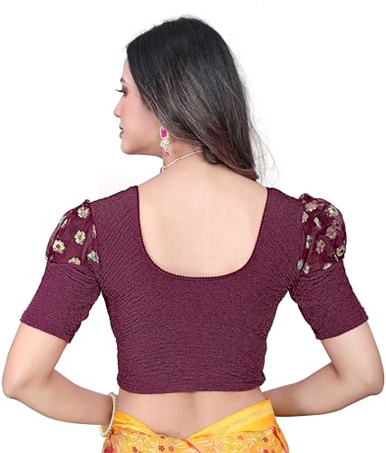 Image of Shreeji Designer Round Neck Cotton Lycra and Net Fabric Fully Stretchable Baloon Sleeve Designer Readymade Blouse for Women