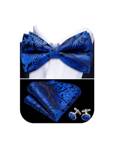 Image of Barry.Wang Paisley Striped Bow Tie for Men Silk Pre-Tied Bowtie Pocket Square Cufflinks Set Formal Wedding Party Prom