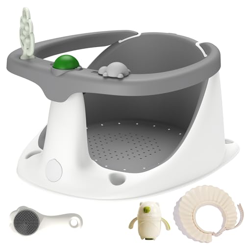 Image of Baby Bath Seat, Removable Armrest and Soft Cushion Sit Up Bathtub Seat for Baby 6-18 Months, Come with Baby Bath Brush /Rinse Cup /Baby Shower Cap (Grey-Without Thermometer)